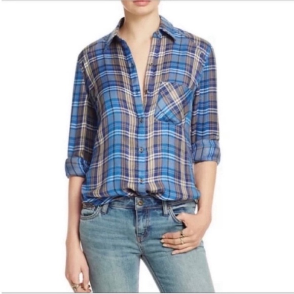 Free People Tops - Free People Joplin shirt blue plaid button down flannel long sleeves